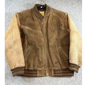 VINTAGE 90s Suede Leather Bomber Jacket Mens Large Brown Full Zip Moto Biker